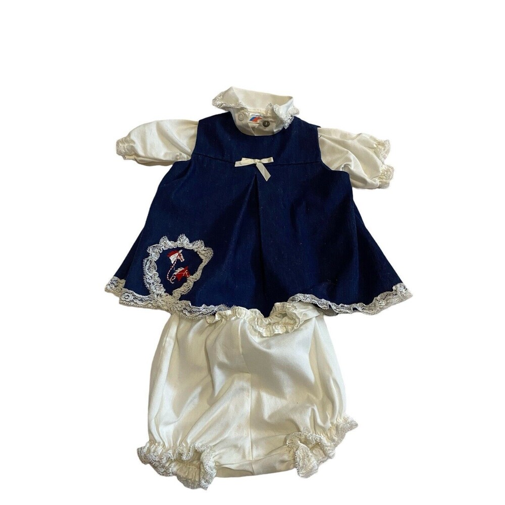 Vintage Baby Dress & Frill Shorts Lace Trim Embroidered Horses USA